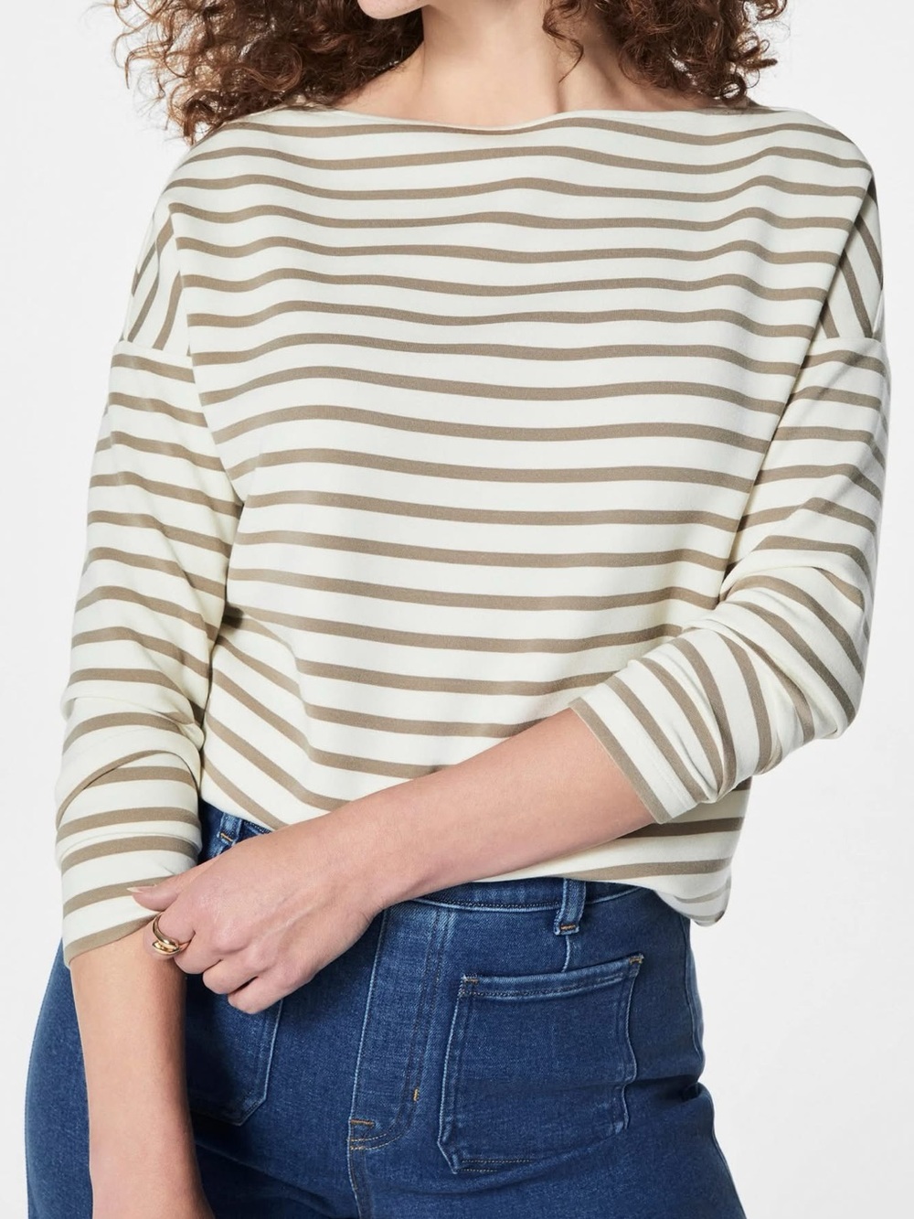 SPANX Air Essentials Striped Boatneck Long-Sleeve Top in Cream and Taupe